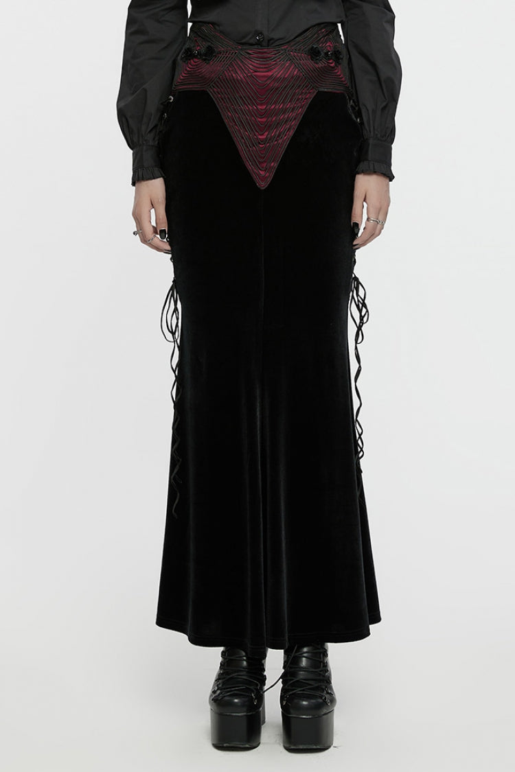 Crimson & Obsidian Ruffle Rose Embroidery Lace-Up Fishtailed Skirt