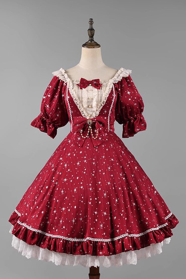 Midsummer Galaxy Star Print Short Sleeve Ruffled Bow Lolita OP Gown