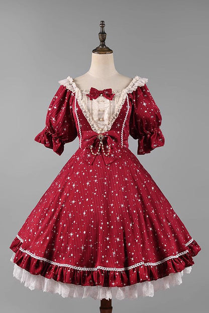 Midsummer Galaxy Star Print Short Sleeve Ruffled Bow Lolita OP Gown