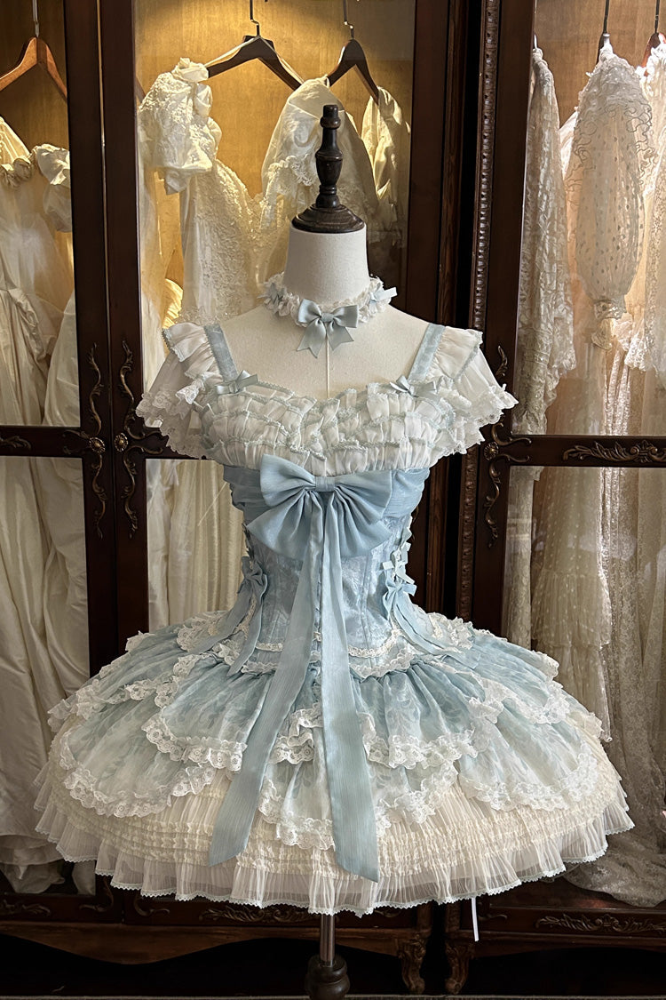 Emerald Short Sleeve Multi-Layer Ruffle Embroidery Bow Lace-Up Sweet Elegant Ballet Lolita Jumper Dress