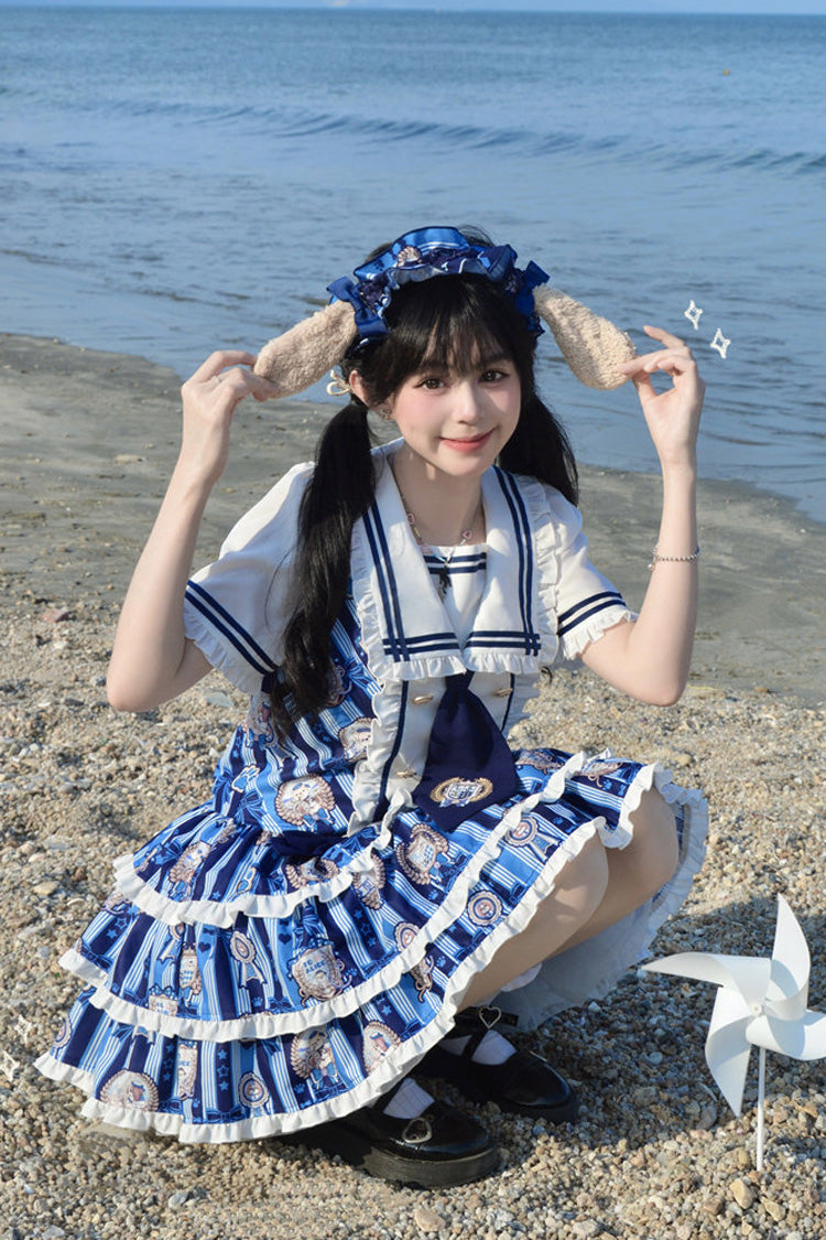 Glory of the Dog Navy Collar Low Waist Printed Ruffle Dress