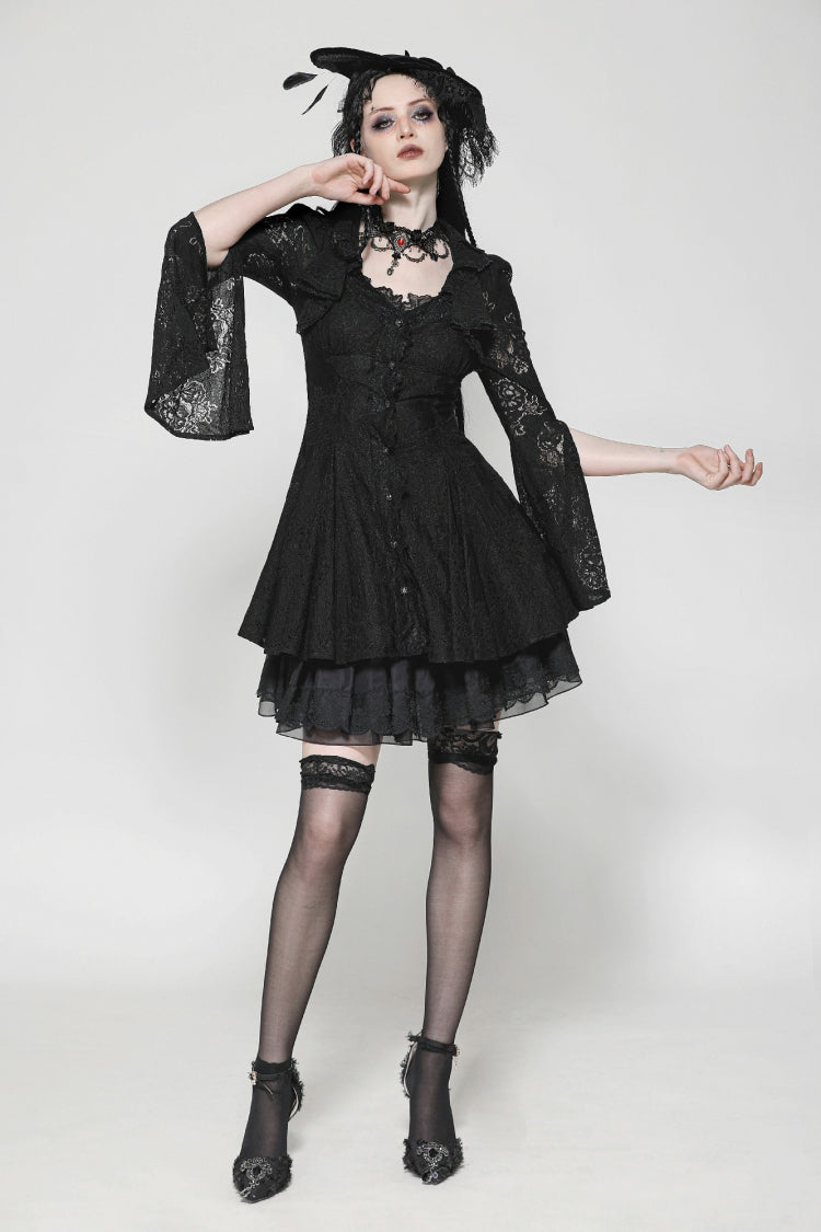 Ebony Flared-Sleeve Embroidered Lace-Up Gothic Honeymoon Dress