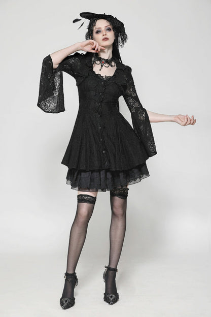 Ebony Flared-Sleeve Embroidered Lace-Up Gothic Honeymoon Dress