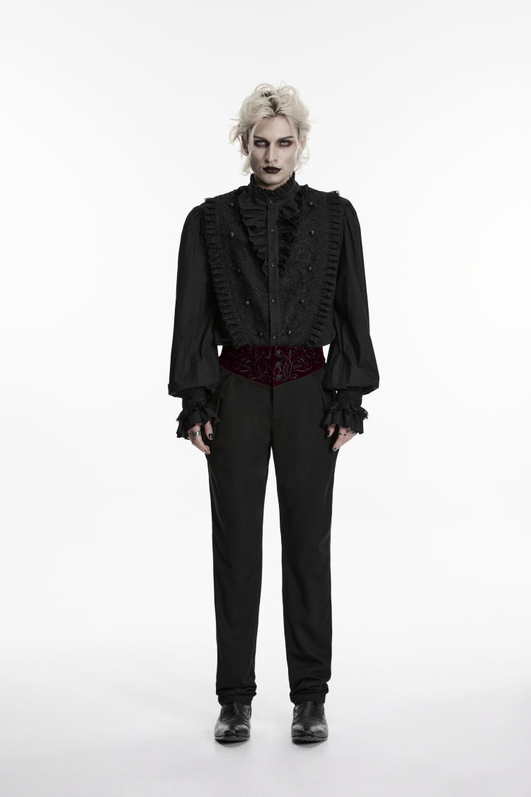 Spliced Slim Embroidered Gothic Pants for Men in Black