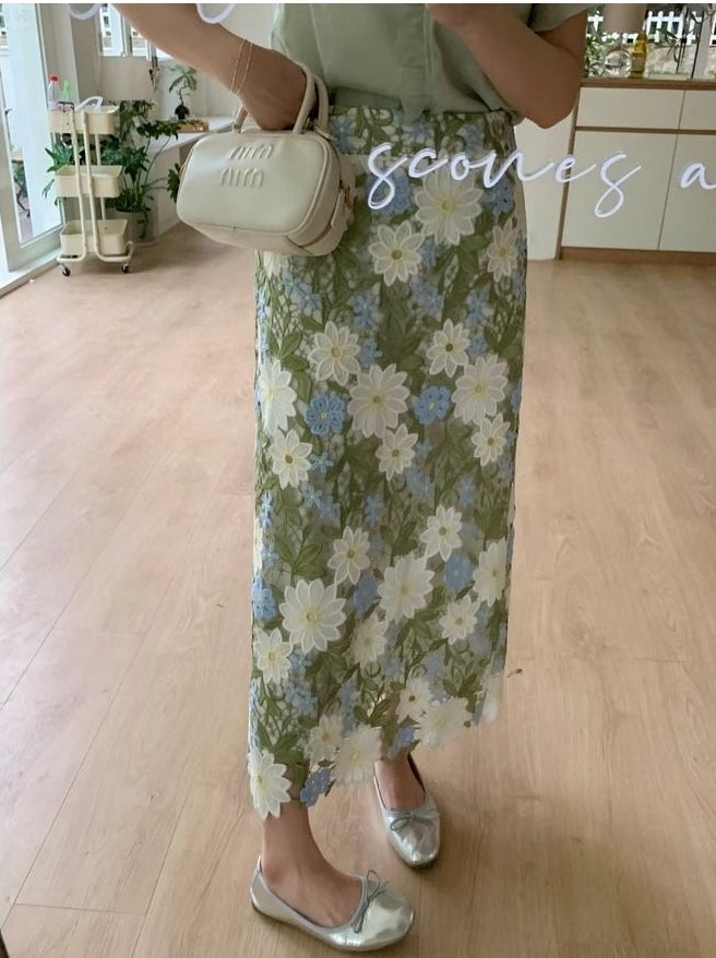Straight Floral Green Elegant Skirt Embroidery