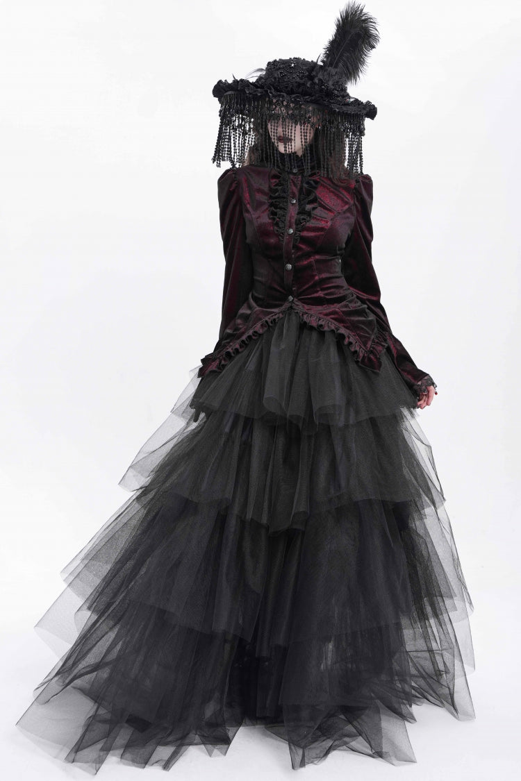 Crimson High-Neck Gothic Ruffled Blouse with Flared Sleeves and Tail Hem