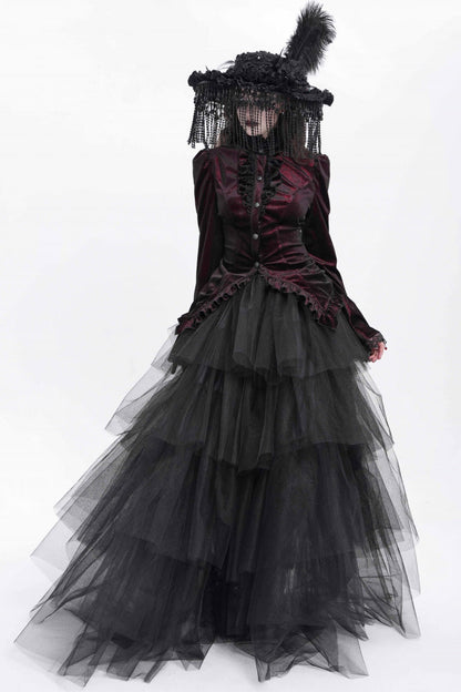 Crimson High-Neck Gothic Ruffled Blouse with Flared Sleeves and Tail Hem