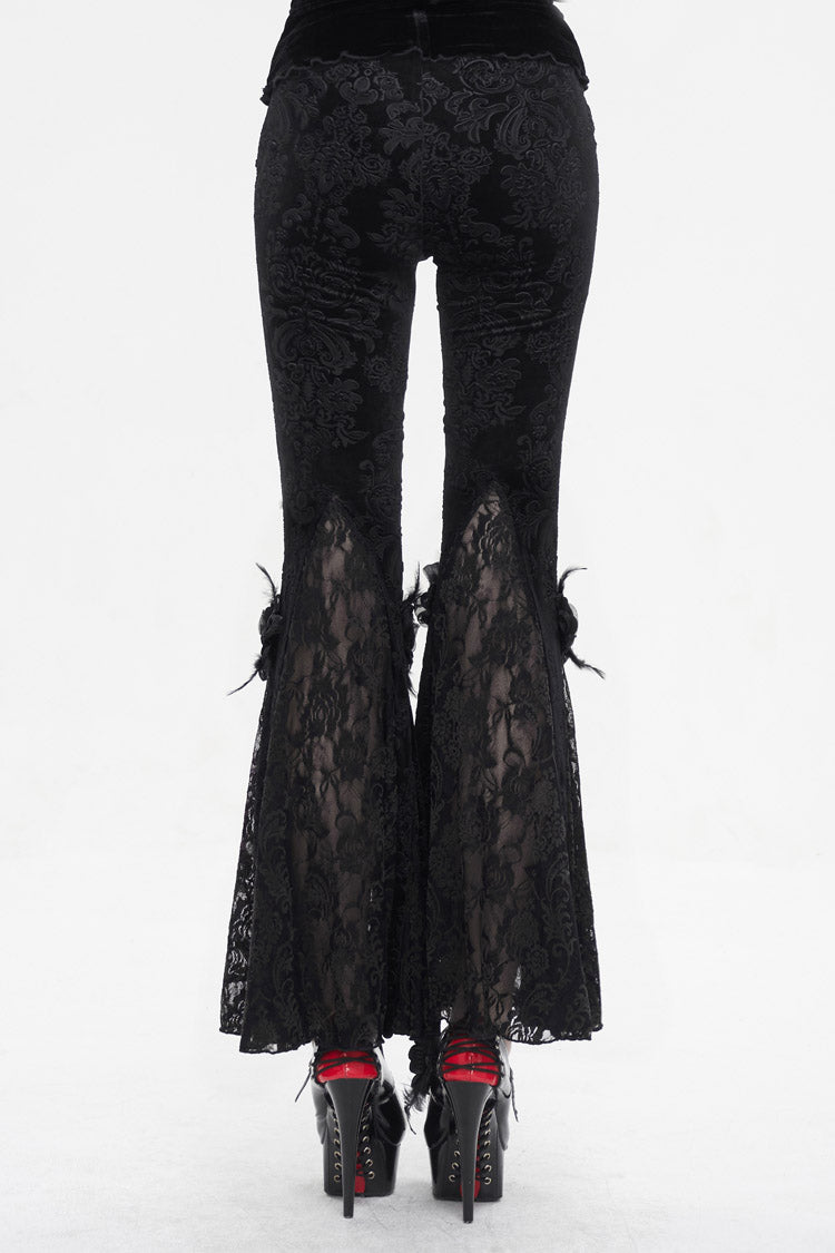 Dark Floral Lace Trimmed Flared Trousers for Women - Gothic