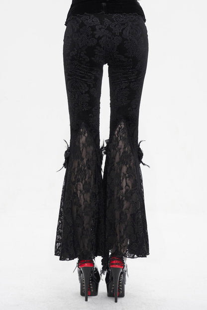 Dark Floral Lace Trimmed Flared Trousers for Women - Gothic