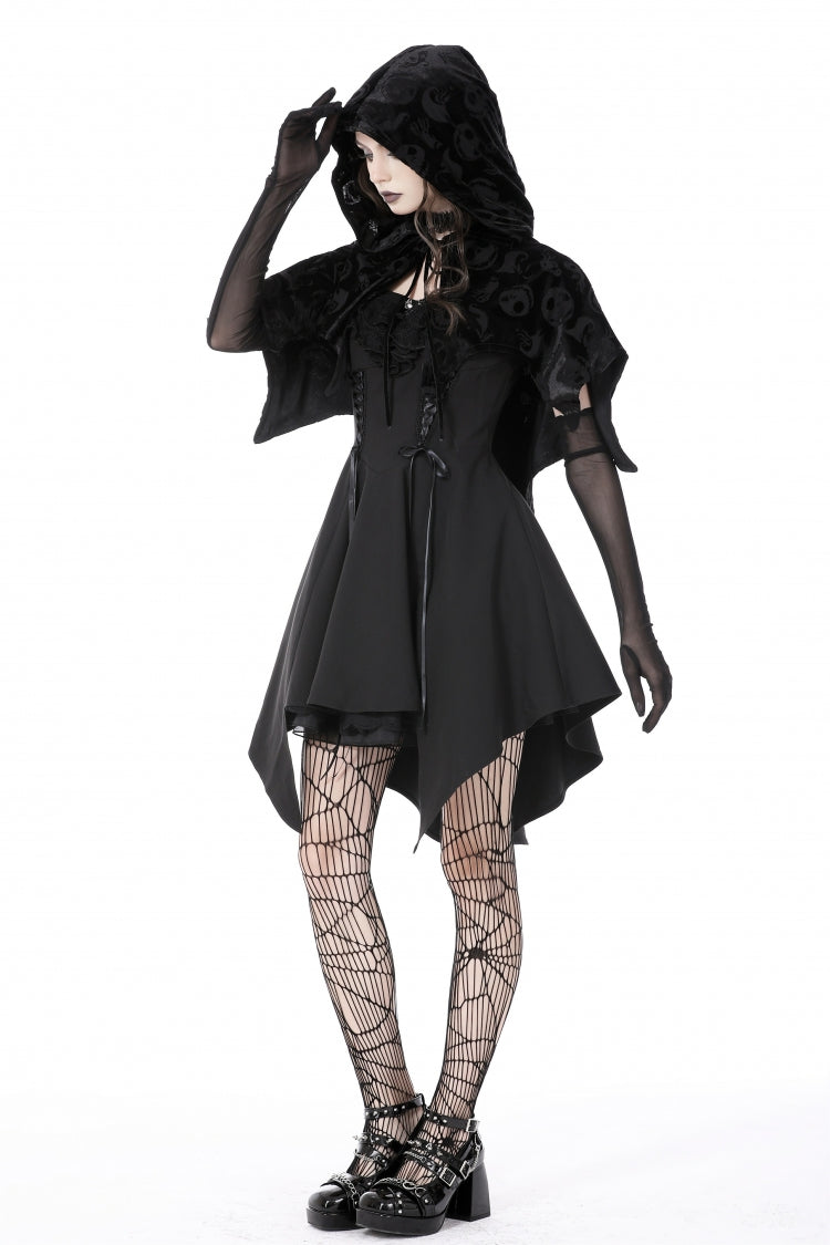 Velvet Hooded Cape with Skull Lace-Up Front