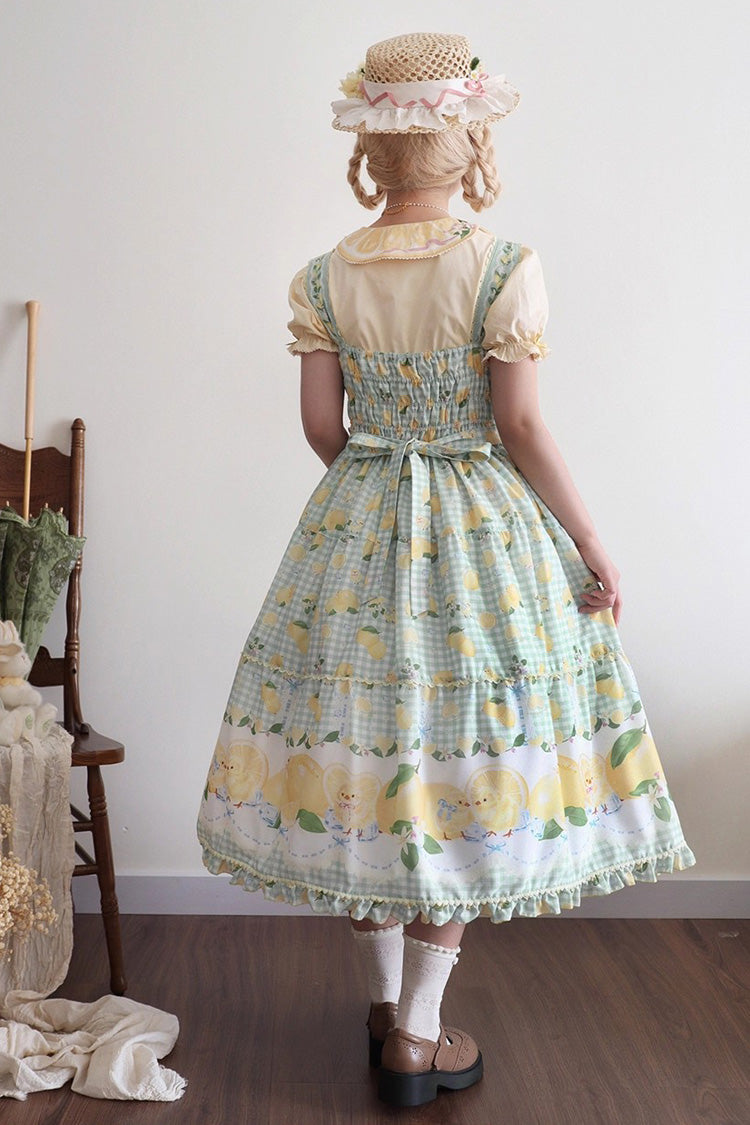 Emerald Lemon Chicken Printed Ruffle Bow Lace Long JSK Dress