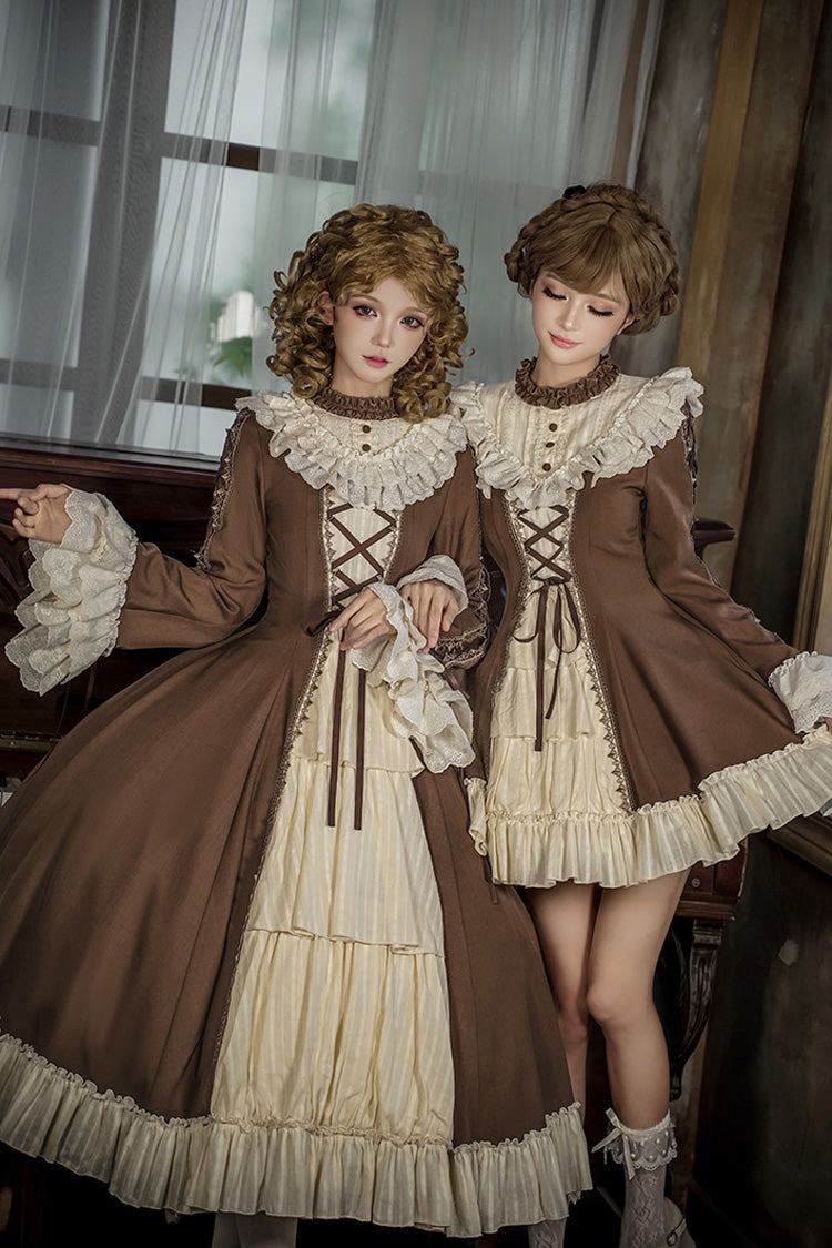 Nutcracker Stand Collar Trumpet Sleeve Lolita Dress Set with Bow - Lace-Up