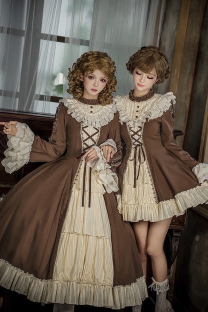 Nutcracker Stand Collar Trumpet Sleeve Lolita Dress Set with Bow - Lace-Up