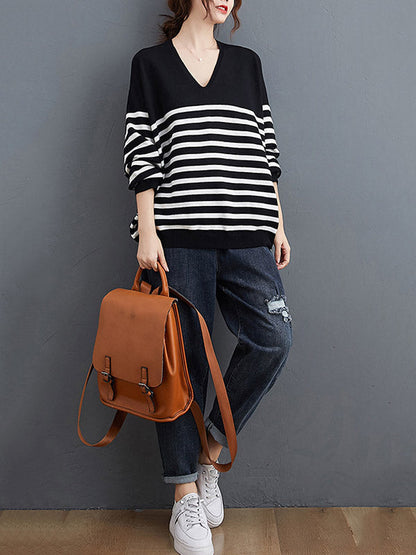 Casual Loose Black V-Neck Contrast Color Striped Long Sleeve Knit Sweater AN1035