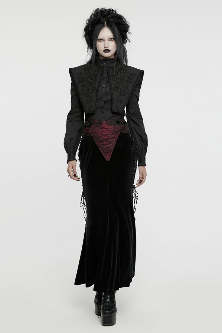 Crimson & Obsidian Ruffle Rose Embroidery Lace-Up Fishtailed Skirt