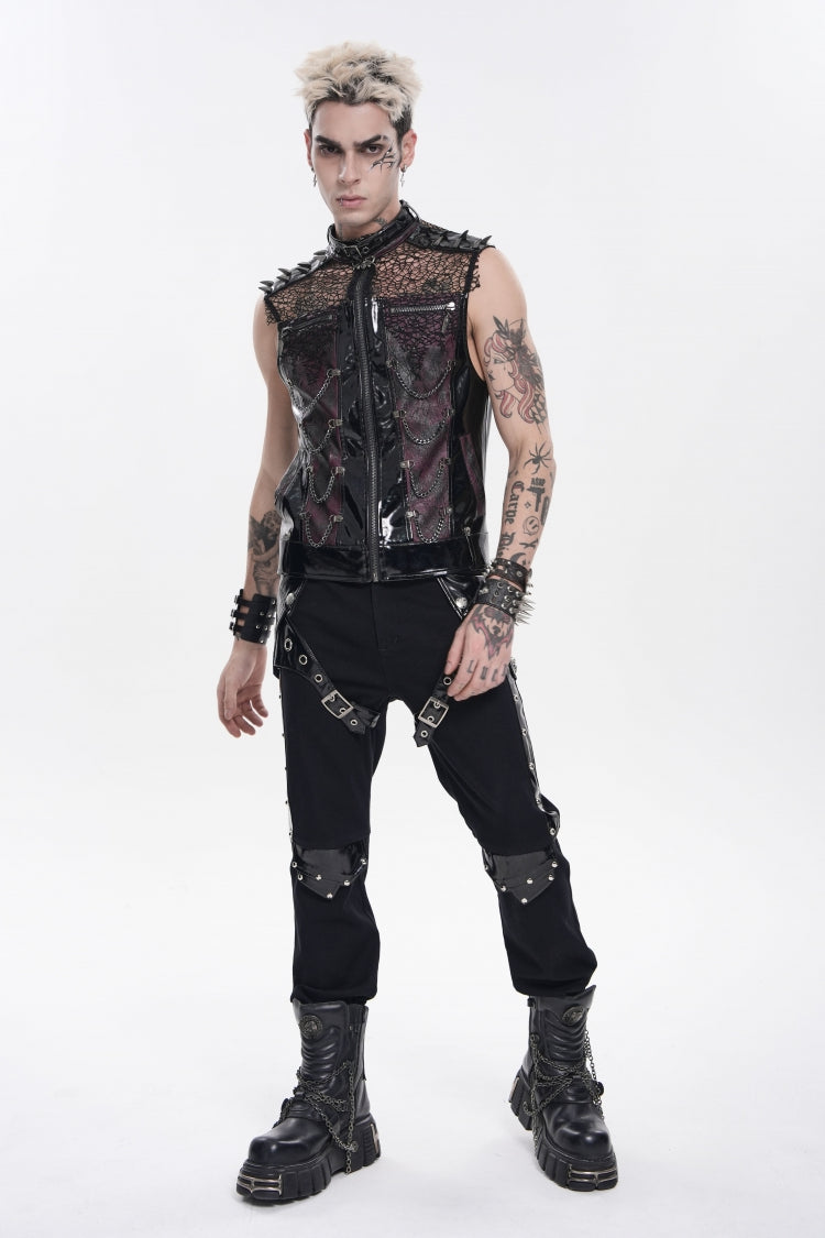 Men's Black Punk Vest, Spliced Mesh with Studs, Zippers and Eyelets