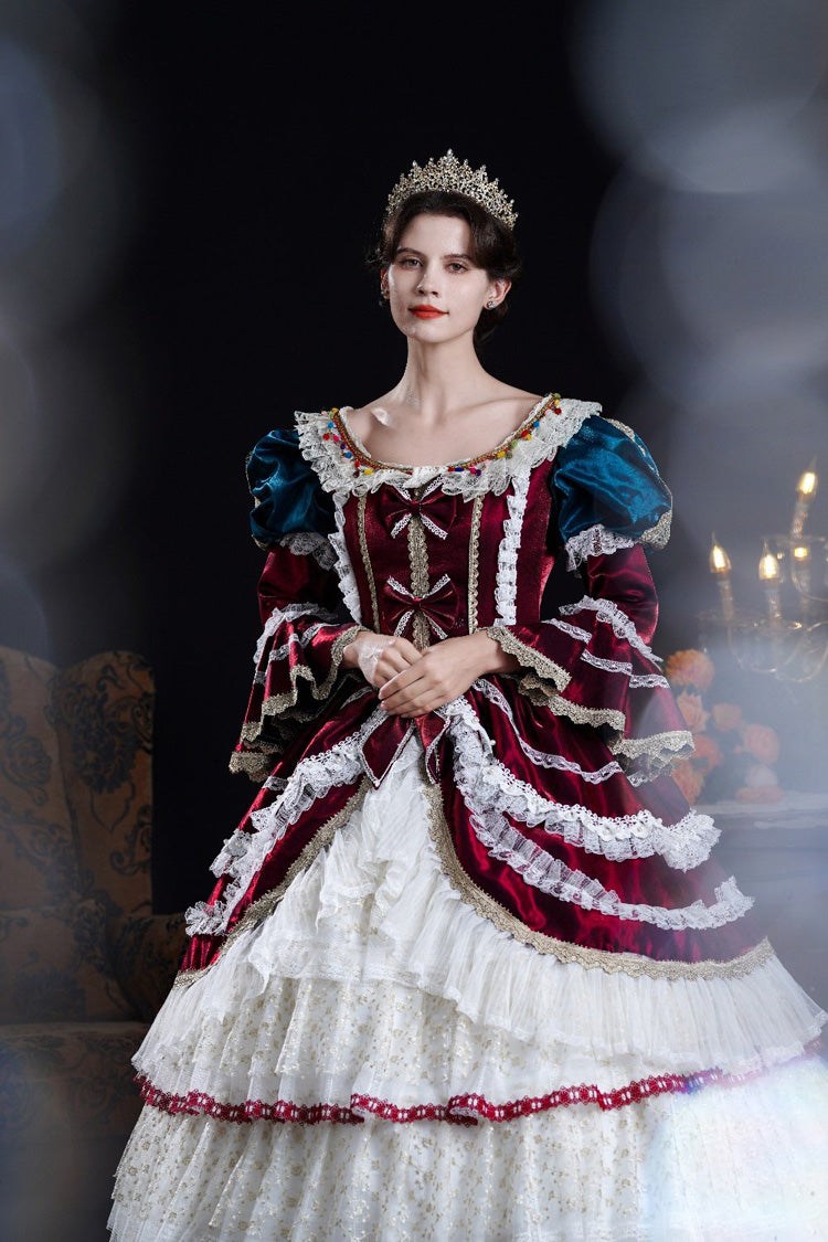 Victorian Palace Dress with Hime Sleeves, Triple Ruffles, and Bow Front in Wine/Ivory - RegalVintage