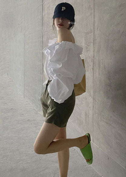 Cold Blouse Puff Sleeve French Shoulder Cotton White Top