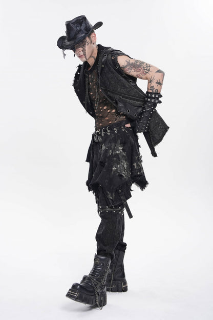 Punk Skirt for Men with Black Irregular Ripped Buckled Pleated Chain Design
