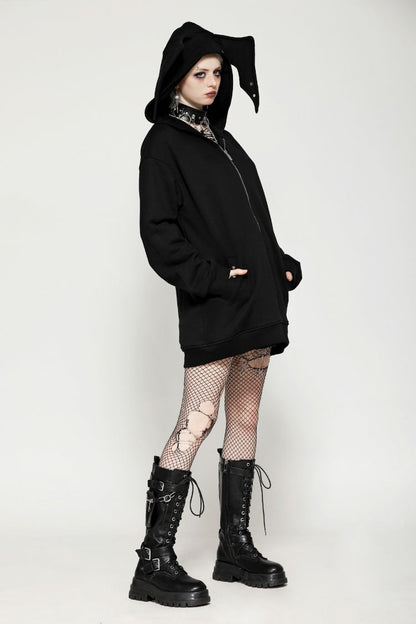 Ebony Long-Sleeve Zip-Up Gothic Batwing Hoodie