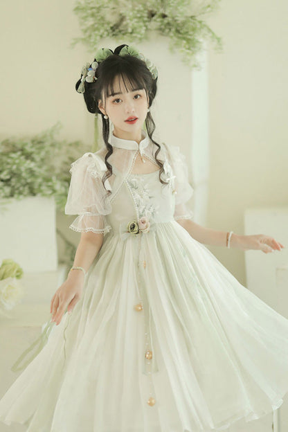 Sleeveless Lily Embroidery Cute Lolita JSK Dress in Mint Green