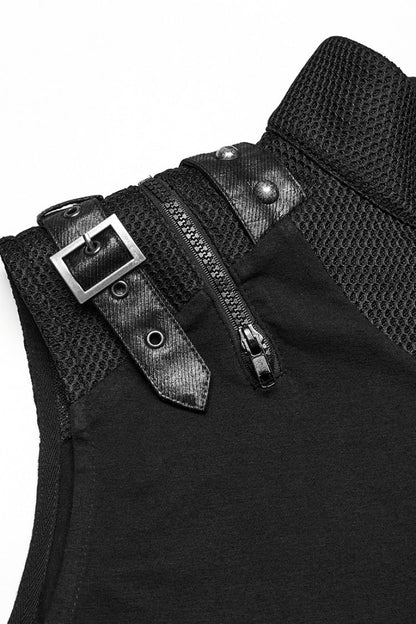 Men's Black Punk Vest, Sleeveless with Mesh, Stitching and Zipper