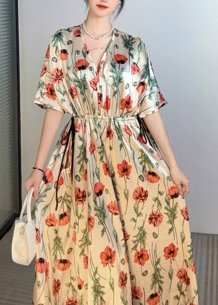 Handgemachtes Apricot V-Ausschnitt Print Cinched Holiday Long Dress Sommer AO1028 