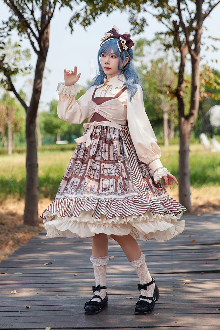 Underground Bear Print Ruffle Bow Sweet Lolita Dress - Brown