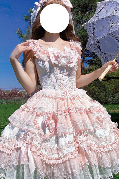 Blush Square Collar Flutter Sleeve Jacquard Ruffle Bow Lace JSK - Heart Bear