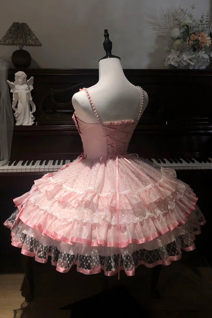 Blush Sleeveless Triple-Tier Ruffle Bow Lace Ballerina JSK - Gem Love