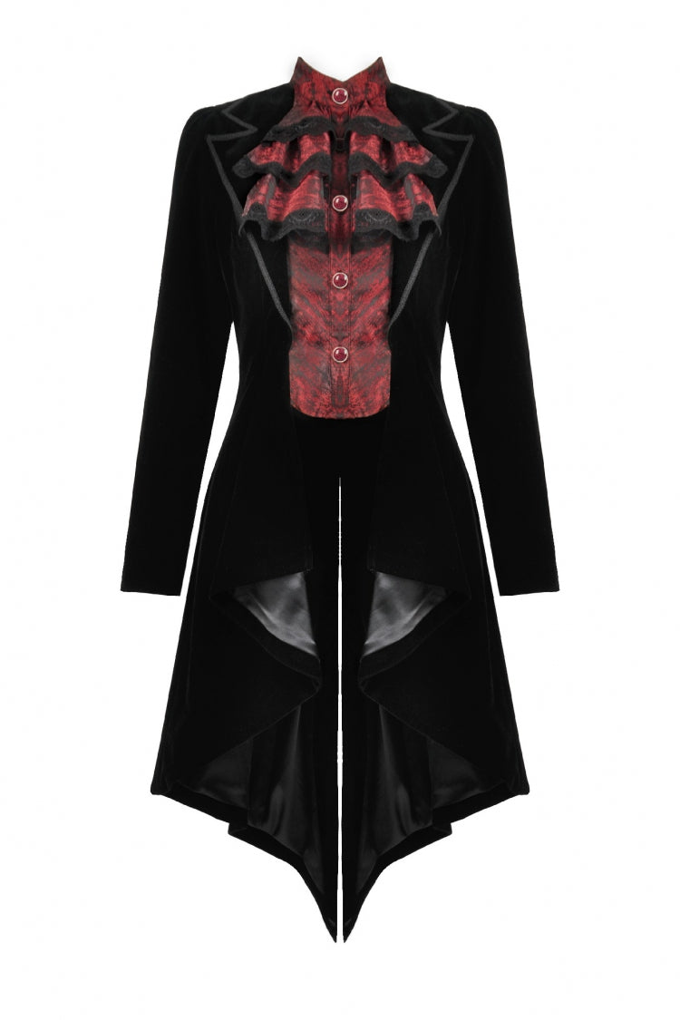Crimson & Charcoal Peak Lapel Long Sleeve Layered Lace Mock Two-Piece Goth Tailcoat
