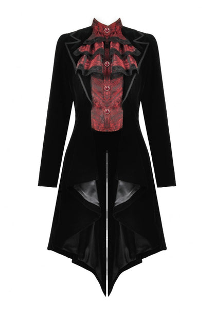 Crimson & Charcoal Peak Lapel Long Sleeve Layered Lace Mock Two-Piece Goth Tailcoat