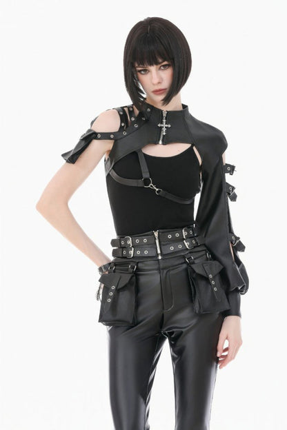 Women's Punk Leather Belt with Eyelet Buckle, Zipper and Side Pouches