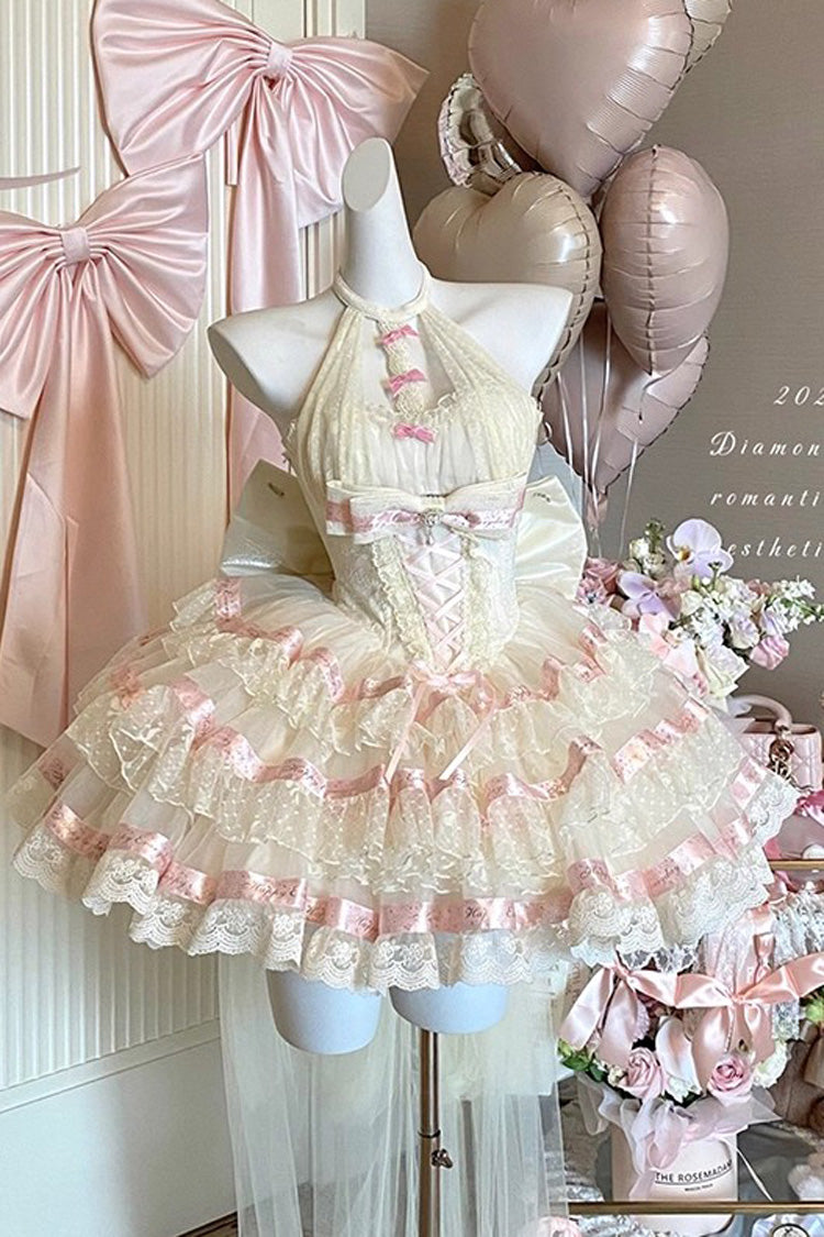Sweet Princess Lolita Frocks with Halterneck Ruffles & Lace-Up Bows in Cream