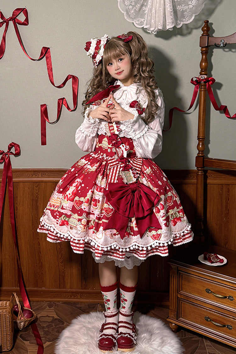 Natural Waisted Ruffle Bowknot Sweet Lolita JSK Dress with Strawberry Dessert Print - 4 Colors