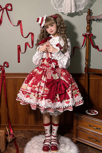Natural Waisted Ruffle Bowknot Sweet Lolita JSK Dress with Strawberry Dessert Print - 4 Colors