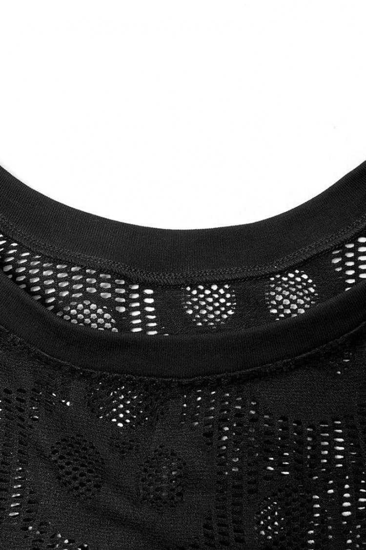 Nocturnal Skull-Print Sheer Mesh Tee for Men with Extended Sleeves