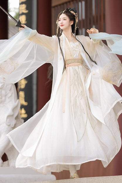 Sweet Hanfu Gown Full Set with Jacquard Print, Embroidery & Long Sleeves