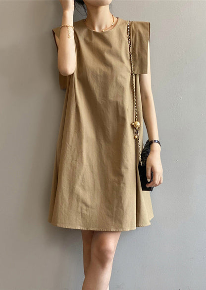 Day Khaki Cotton Elegant Sleeveless Dress O-Neck