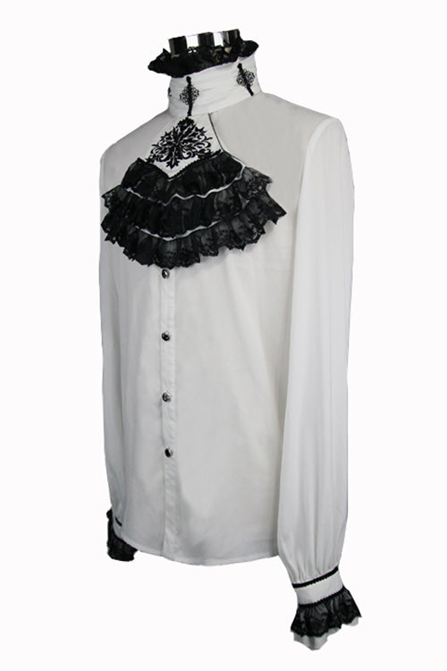 Ivory Lace-Trimmed Embroidered Sheer Sleeve Gothic Men's Top