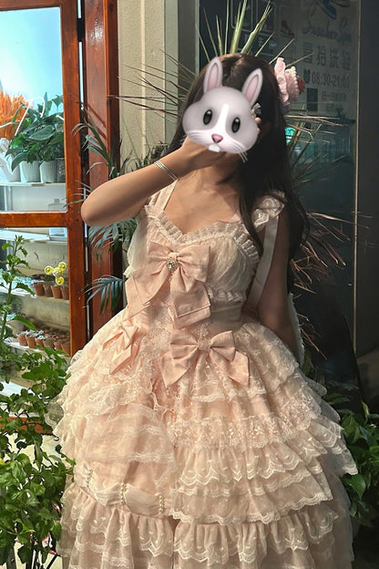 Blush Doll-Style Bow Lace Princess Dress with Layers