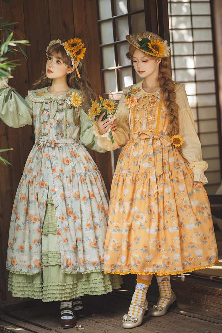 Emerald Sleeveless Sunflower Ruffle Bow Sweet Lolita Jumper Dress