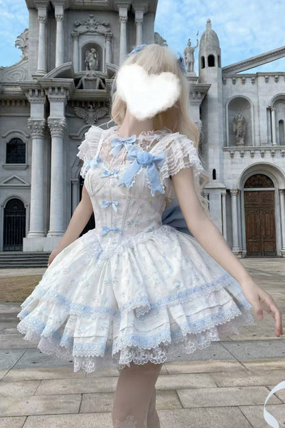 First Love Rose Print Ruffle Bow Lace Sweet Lolita JSK Set