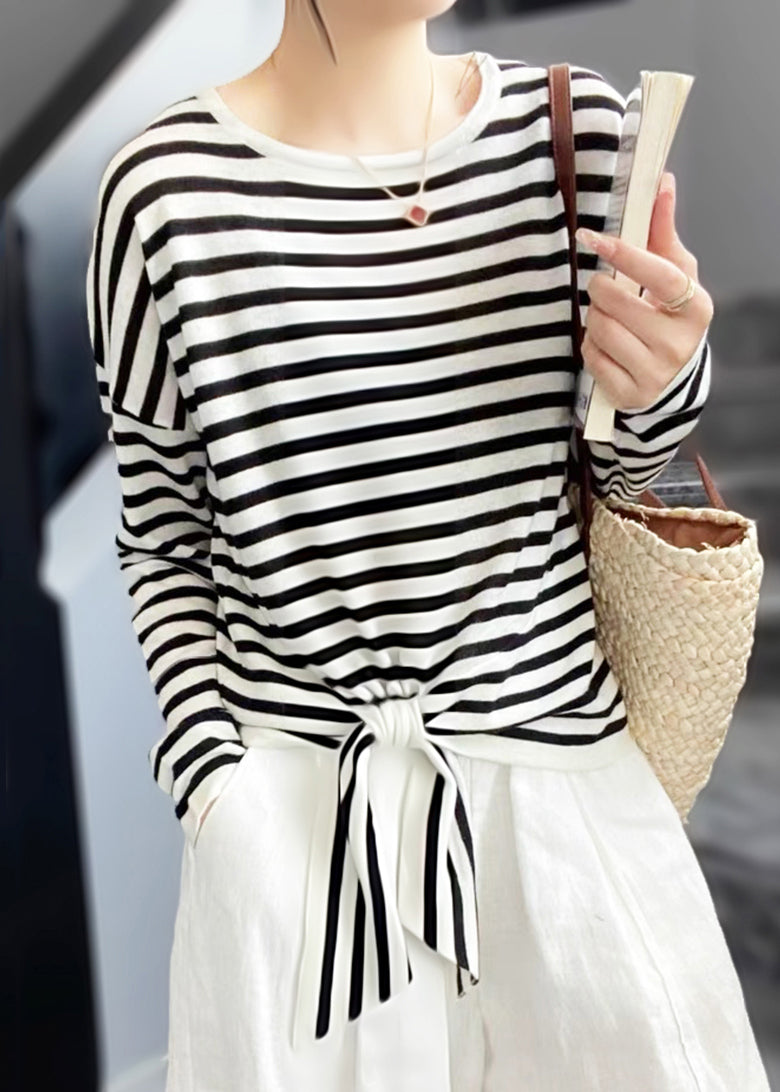 Spring O T Lace Striped Black Up Loose Neck Cotton Shirt