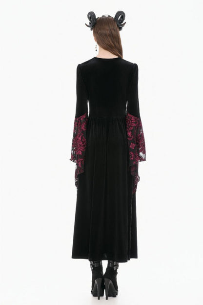 Crimson & Obsidian Square Collar Long Flare Puff Sleeves Lace Victorian Velvet Long Dress