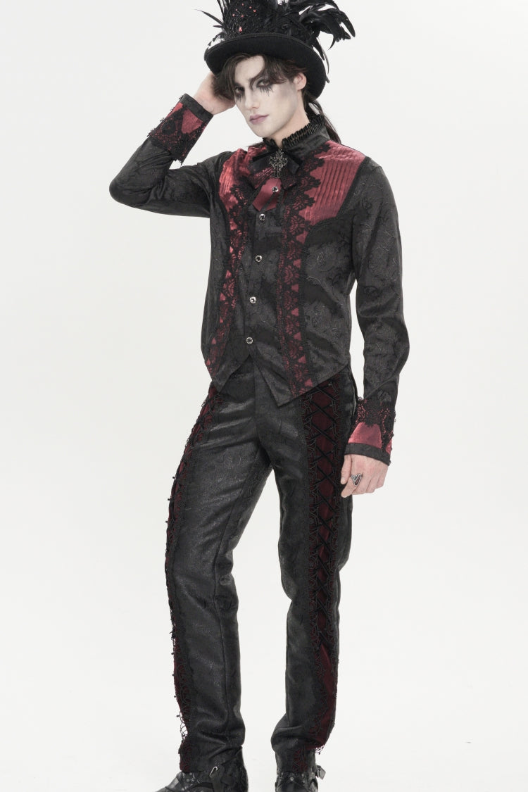 Crimson High-Neck Gothic Palace Shirt with Jacquard and Bow Accents