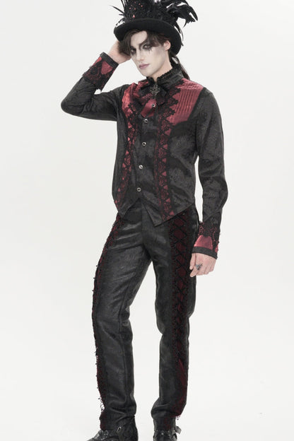 Crimson High-Neck Gothic Palace Shirt with Jacquard and Bow Accents