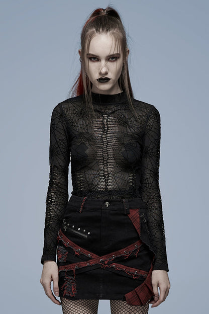 Ebony Long-Sleeve Spider Web Sheer Punk Tee