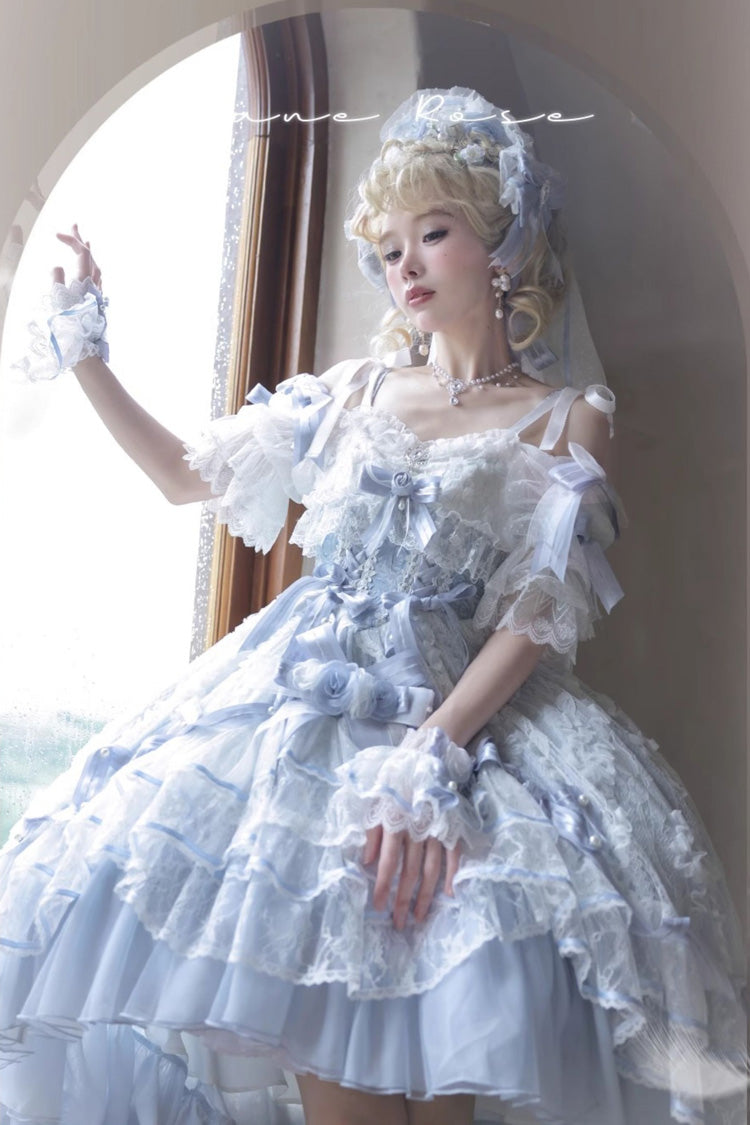 Azure Diane Rose Short Sleeve Multi-Layered Jacquard Ruffle Hanayome Cardigan Bow Lace Sweet Lolita Gown