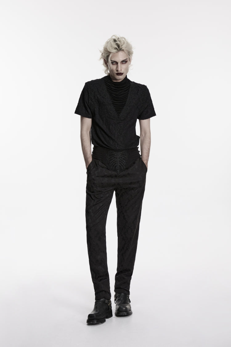 Slim Pleated Embroidered Gothic Pants for Men in Black